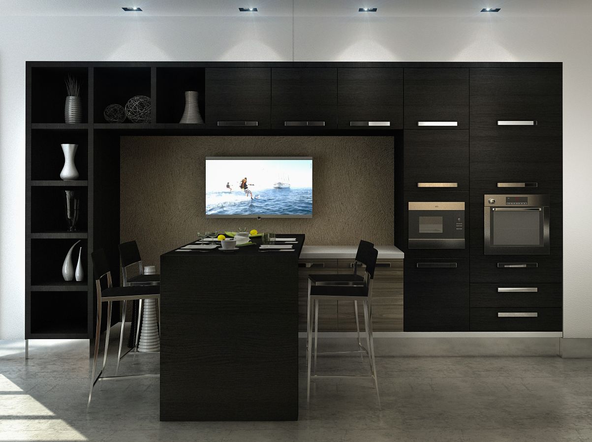 Black Kitchen Wall Amazing Black Kitchen Cabinets And Wall Mounted Tv Idea Feat Modern Barstools Design Plus Side By Side Microwave Oven Kitchen  Black Kitchen Cabinet For Beautiful Kitchen 