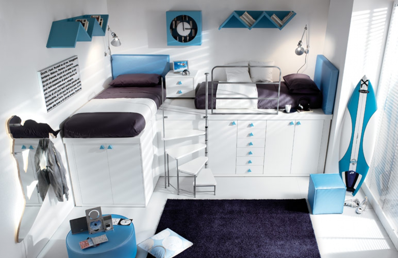Boys Bedroom White Amazing Boys Bedroom Ideas Applying White Room Color With Dual Bed On Platform Drawers Furnished By Spiral Stairs And Completed With Wall Cabinet Bedroom Boys Bedroom Ideas: The Important Aspects