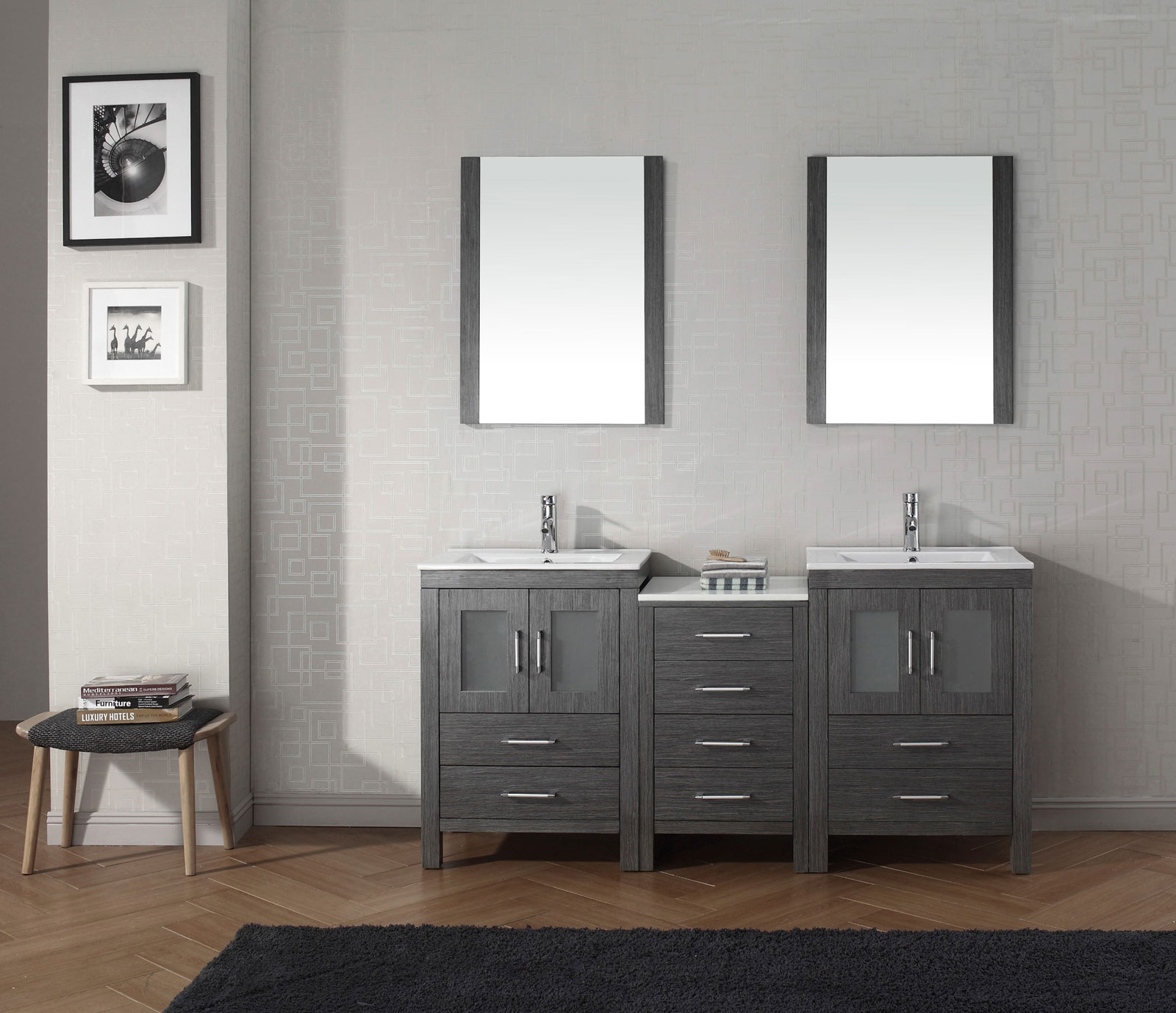 Contemporary Bathroom Color Amazing Contemporary Bathroom Applying Grey Color Ideas With Wooden Vanity Drawers Completed By Bathroom Fixtures And Coupled By Double Sink Furnished With Mirror Bathroom Decorating Bathroom With Bathroom Fixtures