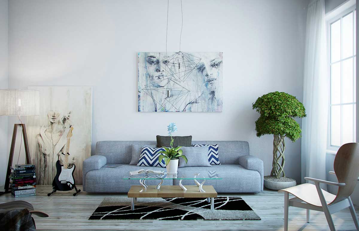 Gray White Room Amazing Gray White Contemporary Living Room With Weathered Wood Floor Grey And Blue Grey Sofa Along Also Wall Art Living Room Designs Ideas Living Room Gray Living Room For Minimalist Concept