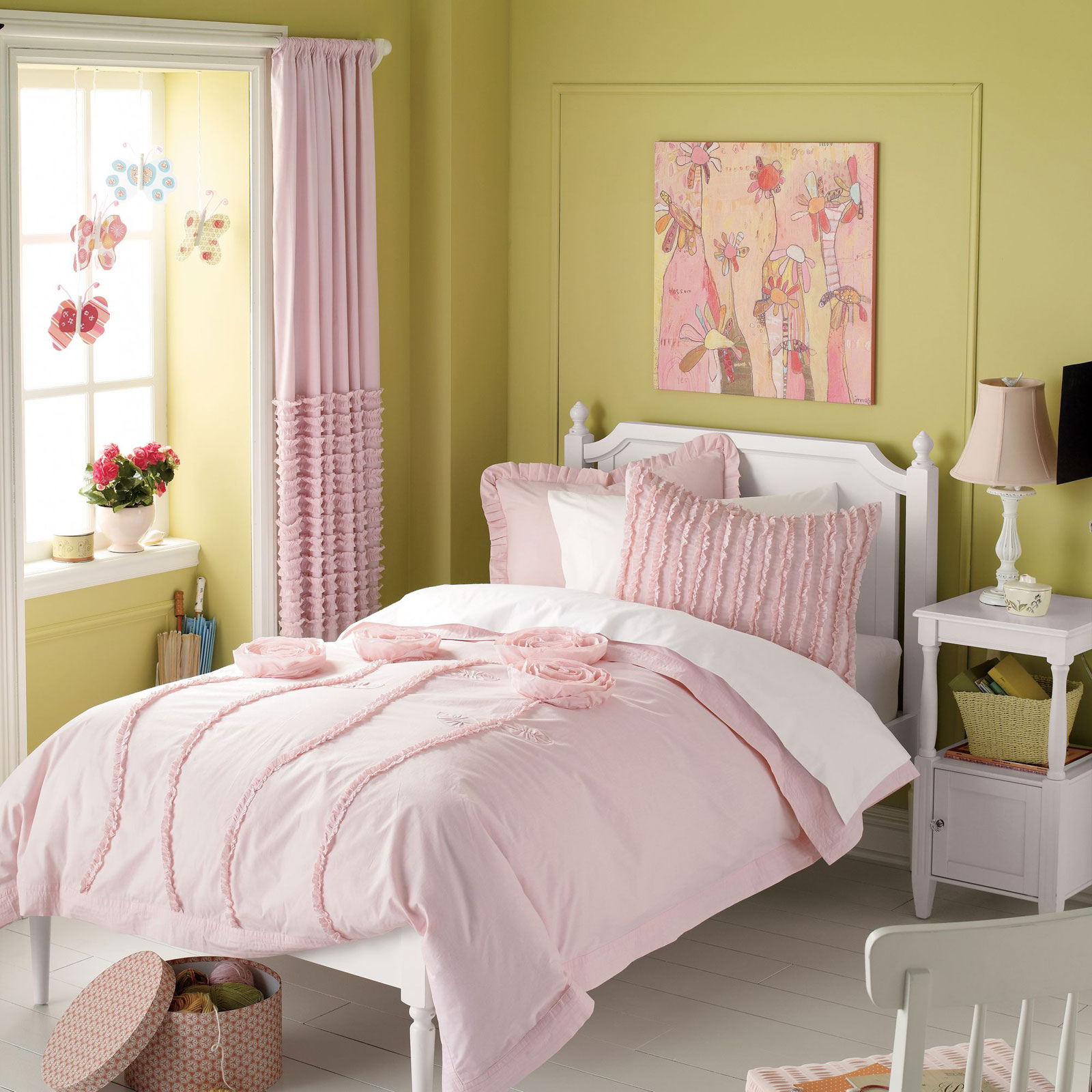 Green Accent Combined Amazing Green Accent Wall Color Combined With Pink Sliding Kids Room Curtains And Matched With White Furniture Of Platform Bed Also Nightstand And Chair Decoration The Better Appearance Through The Kids Room Curtains