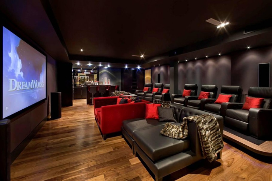 Home Theater Painted Amazing Home Theater With Black Painted Wall To Ceiling Idea Feat Wood Floor Design Plus Comfy Leather Furniture Decoration  Make Your Own Private Home Theatre 