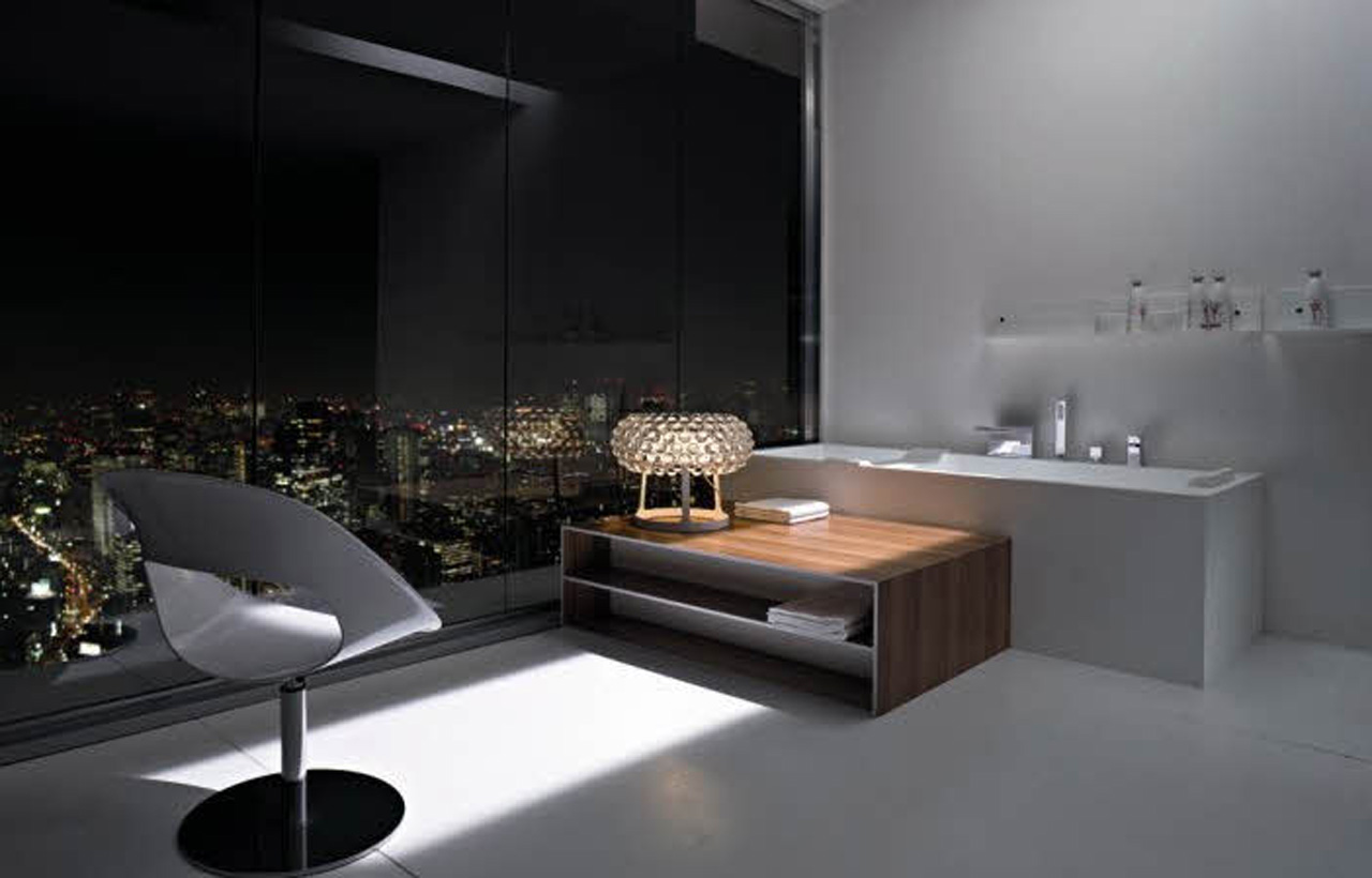 Night View Through Amazing Night View With See Through Picture Window In Marvelous Modern Bathroom Design Plus Swivel Chair Modern Bathroom Interior Designs That Make Elegant And Luxurious Statement