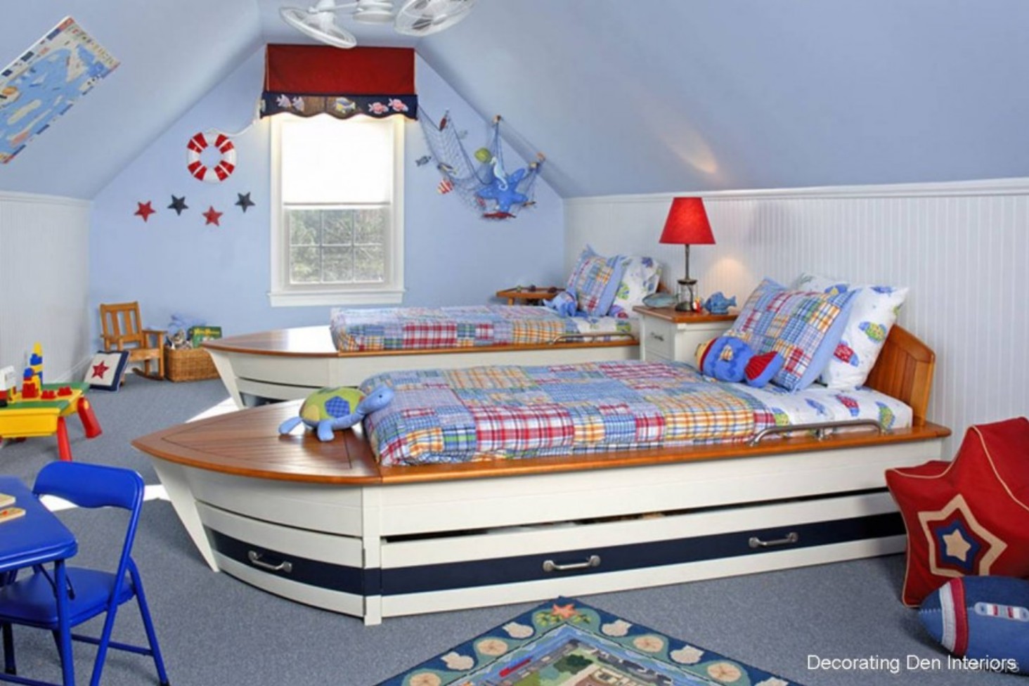 Sailor Kids For Amazing Sailor Kids Room Furniture For Boys Design Ideas With Cool Double Ship Shape Beds And Charming Striped Bed Line Also Creative Storage Under The Bed Idea Plus Red Bed Lamp And Ceiling Fan Furniture Composing The Special Type Of Kids Room Furniture