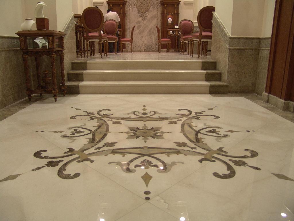 Tile Flooring Accent Amazing Tile Flooring With Decorative Accent Idea And Red Upholstered Dining Chairs Feat Antique Hallway Console Table House Designs  Fantastic Interior Feature With Mesmerizing Tile Floor Ideas 