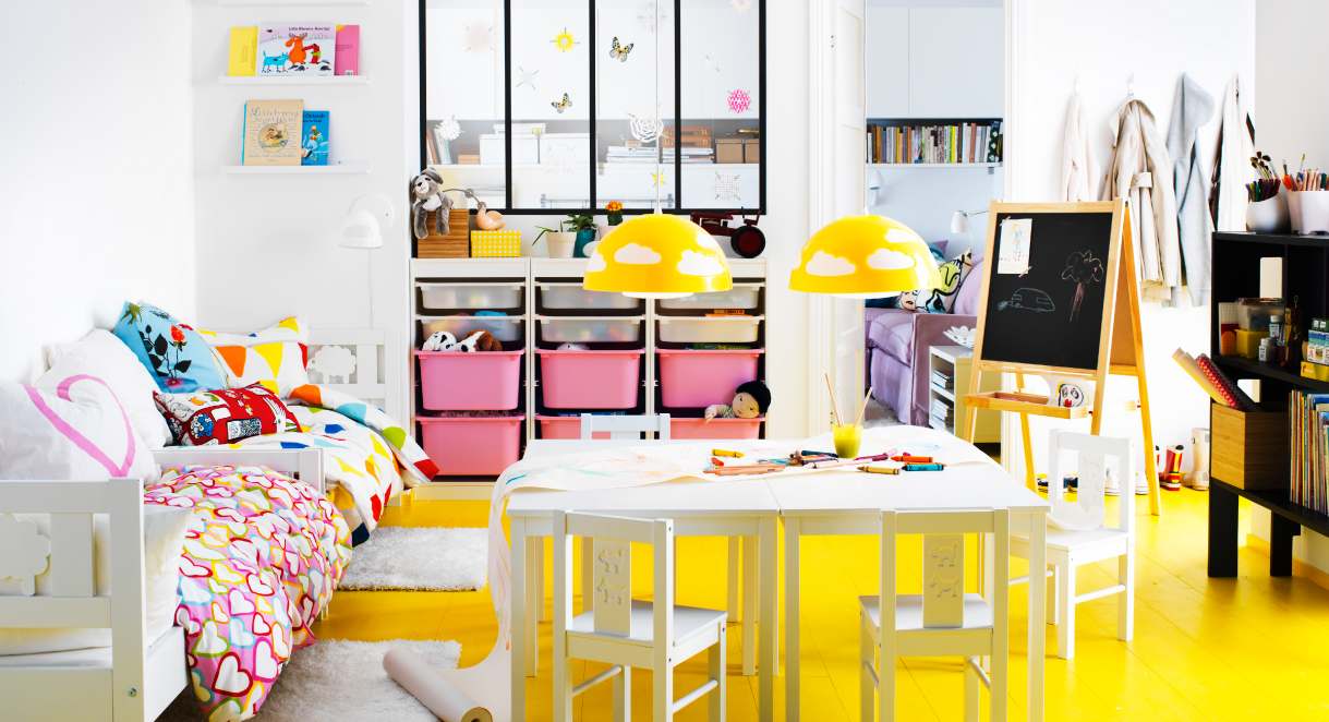 White Wall Combined Amazing White Wall Room Color Combined With Yellow Flooring Furnished With White Table And Chairs Completed With Pendant Lamps And Kids Room Storage Kids Room The Two Ideas For Making The Kids Room Storage