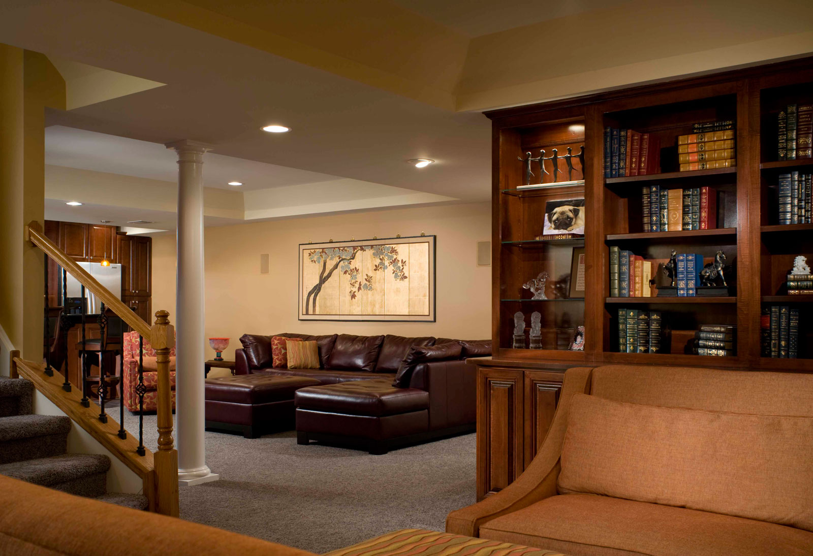 Finishing Ideas Traditional Amusing Basement Finishing Ideas Decorated With Traditional Decoration Completed With Wooden Bookshelf And Brown Leather Sofa Design Basement Basement Finishing Ideas Leading To Stunning Results