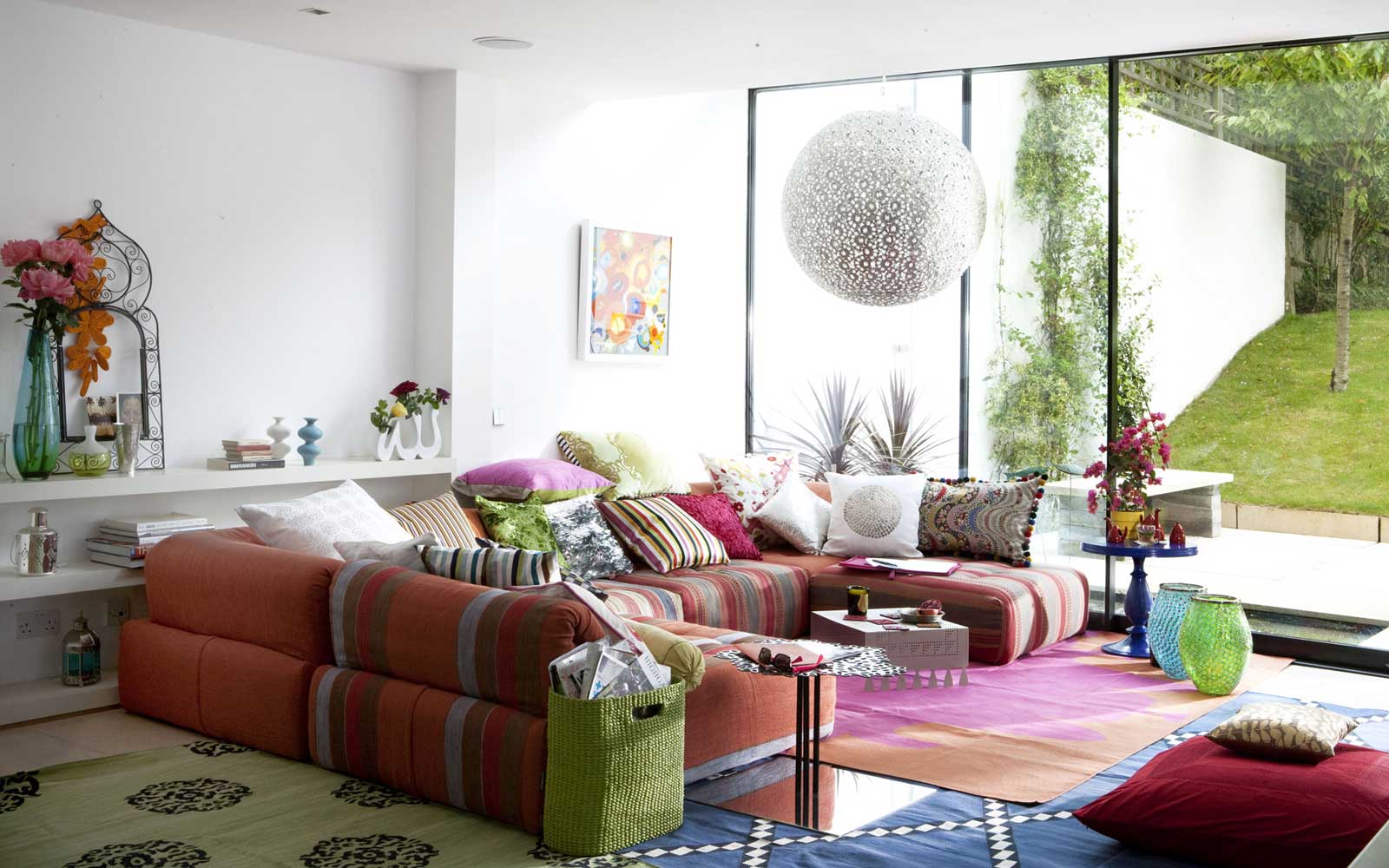 Colorful Small Ideas Amusing Colorful Small Living Room Ideas With Sectional Sofa Completed By Hodgepodge Cushions And Furnished With Nightstands Plus Big Ball Pendant Lamp Living Room Stylish Small Living Room Ideas