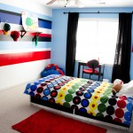 Hodgepodge Accent In Amusing Hodgepodge Accent Wall Color In Contemporary Kids Bedroom With Black Kids Room Curtains Completed With Bed Applying Colorful Curtains And Furnished With Red Rug Decoration The Better Appearance Through The Kids Room Curtains