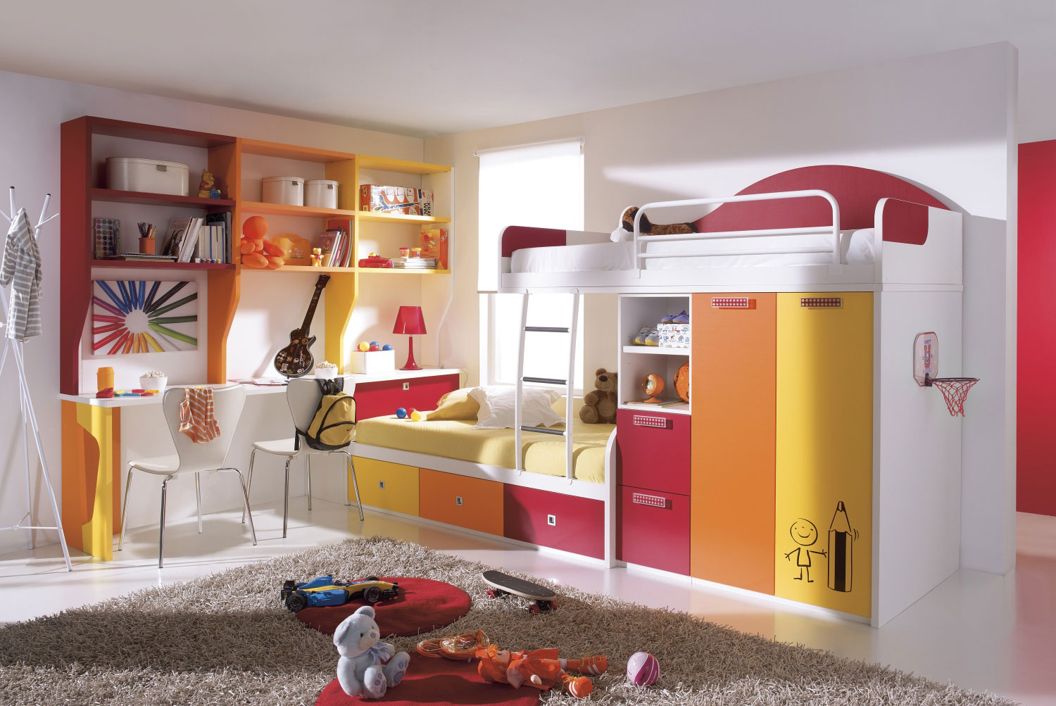 Kids Bedroom Room Amusing Kids Bedroom With Kids Room Storage Completed With Bunk Bed Combined With Cupboards In Colorful Also Furnished With Desk And Chairs Kids Room The Two Ideas For Making The Kids Room Storage