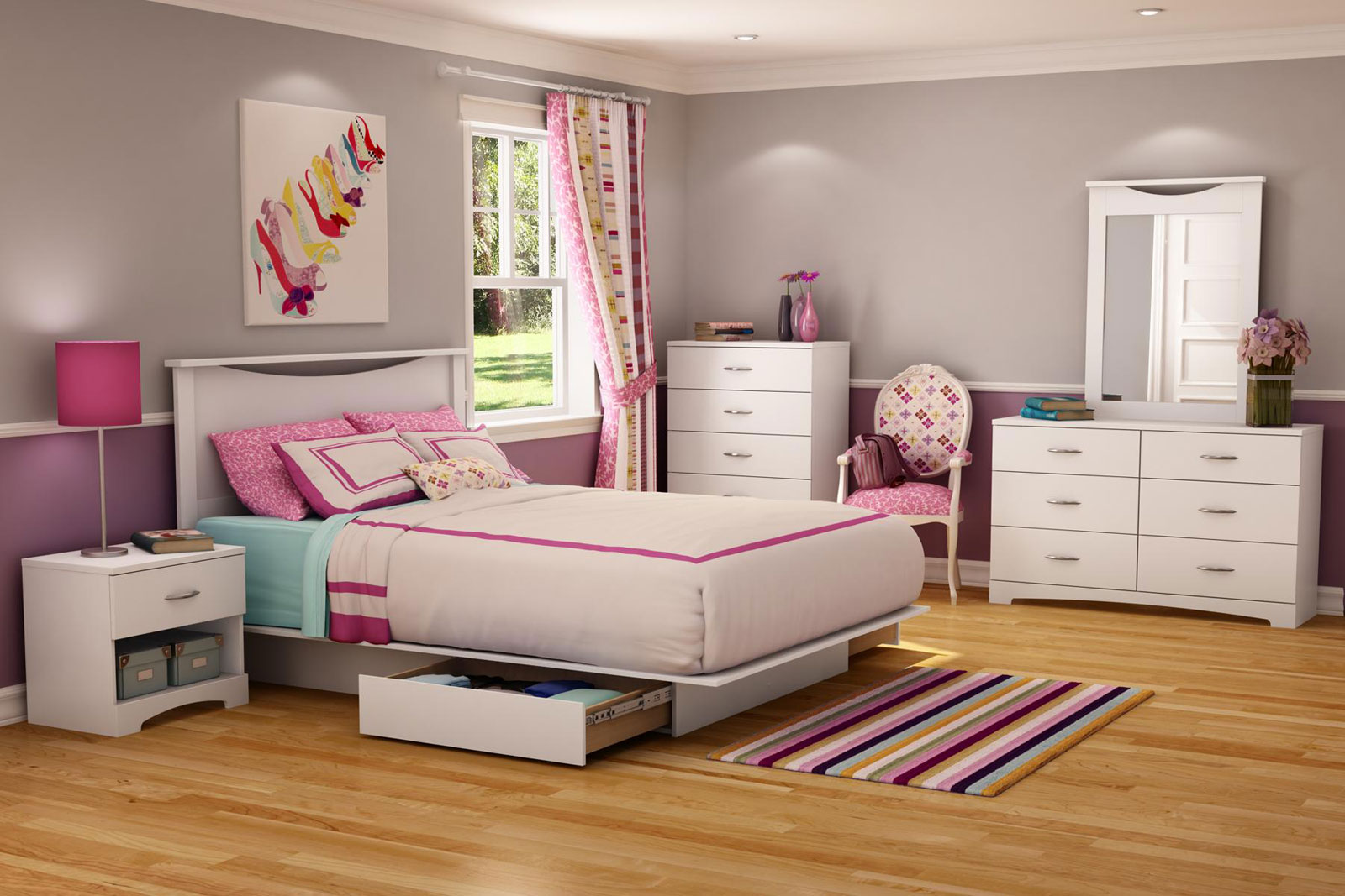 Pink Bedroom Completed Amusing Pink Bedroom Color Ideas Completed By Queen Bedroom Sets With Platform Drawers And Night Lamp On Nightstand Furnished With Chair And Vanity Table Coupled With Mirror Bedroom Queen Bedroom Sets For The Modern Style