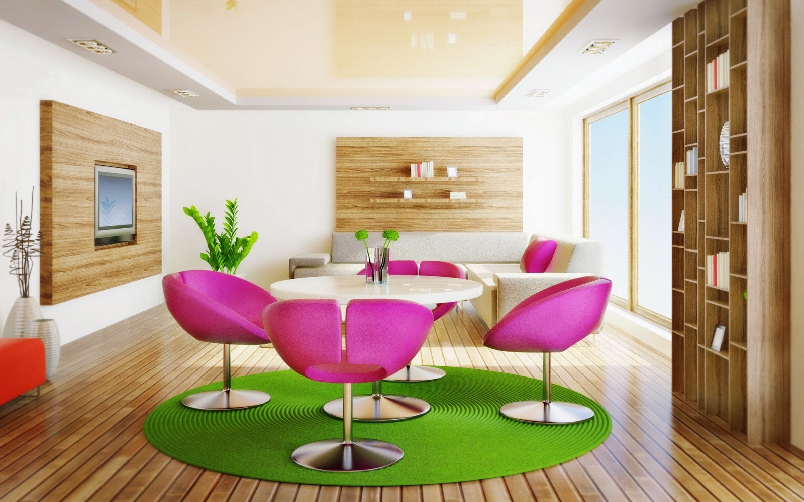 Pink Pedestal Modern Amusing Pink Pedestal Table Of Modern Dining Room With Interior Design Styles Furnished With White Round Table On Green Rug In Circle Shaped Interior Design Composing The Classic Or Modern Interior Design Styles