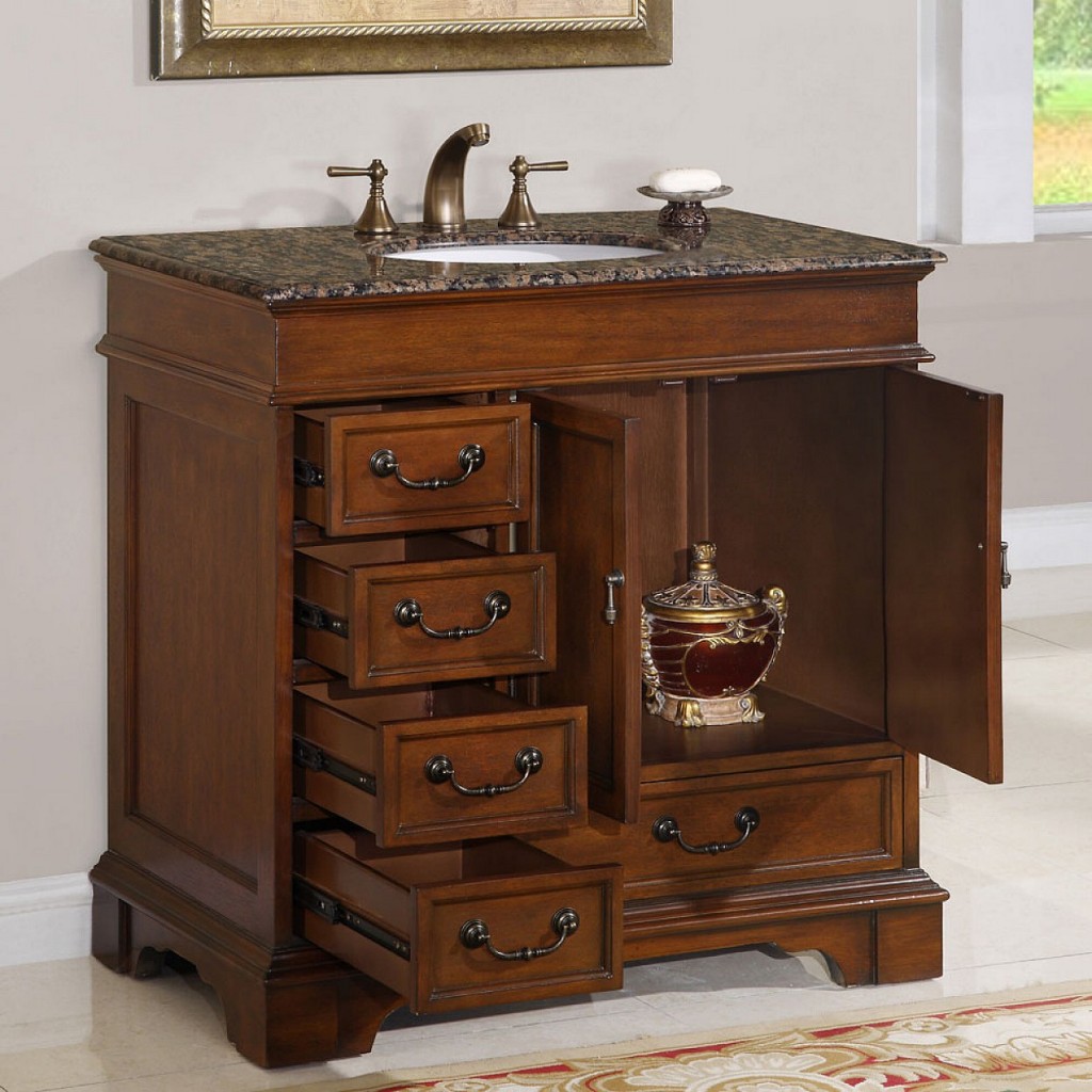 And Spacious Cabinet Antique And Spacious Bathroom Sink Cabinet With Metal Hardware Idea Plus Copper Faucet Or Granite Countertop Bathroom  Taking A Lot Of Benefit From Inspiring Sink Cabinet In Bathroom 