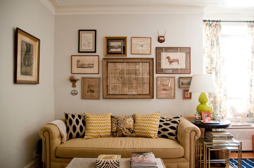 Photo Collage Space Antique Photo Collage In Living Space Paired With Padded Sofa Plus Cushions And Stylish Coffee Table Decoration  Having Fun Interior Convenience After Applying Creative Photo Collage Ideas 