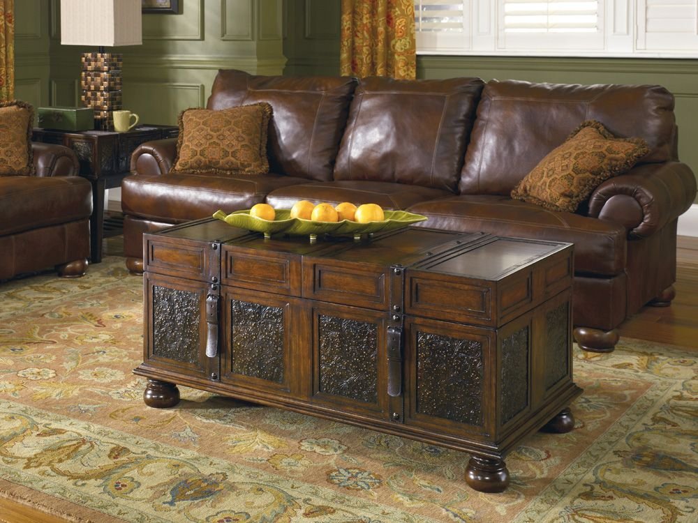 Trunk Coffee And Antique Trunk Coffee Table Design And Embroidered Area Carpet Plus Chocolate Leather Sofa On Rustic Living Room Inspiration Living Room  Cozy Stylish Modern Living Room Ideas With Outdoor Beautiful Scenery 