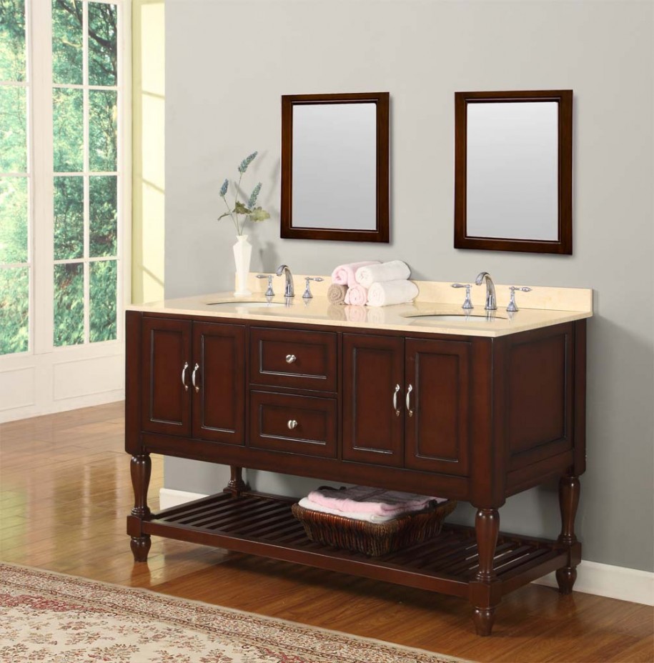 Wooden Vanity Shelf Antique Wooden Vanity With Ample Shelf Feat Cute Blurred Bathroom Mirror Idea And Laminate Floor Design  Several Stunning Ideas Of Bathroom Mirror 