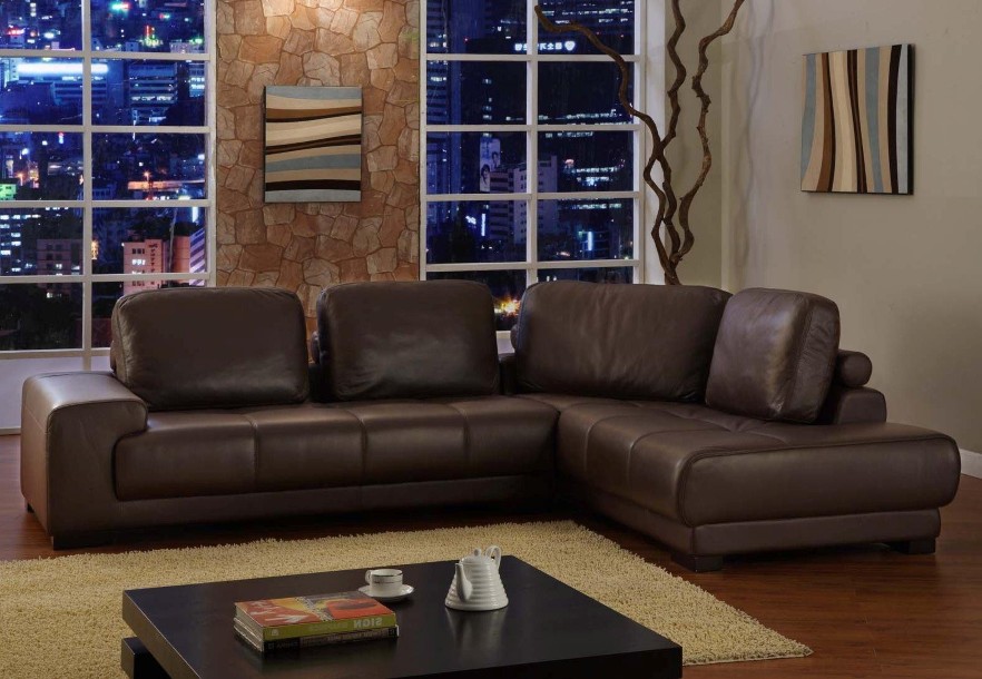 Living Room Accent Apartment Living Room Present Stone Accent Wall Also Tall Windows Idea Feat Modern Brown Leather Sectional Couch Design Furniture  Brown Leather Couch Is Ready To Turn You Classic 