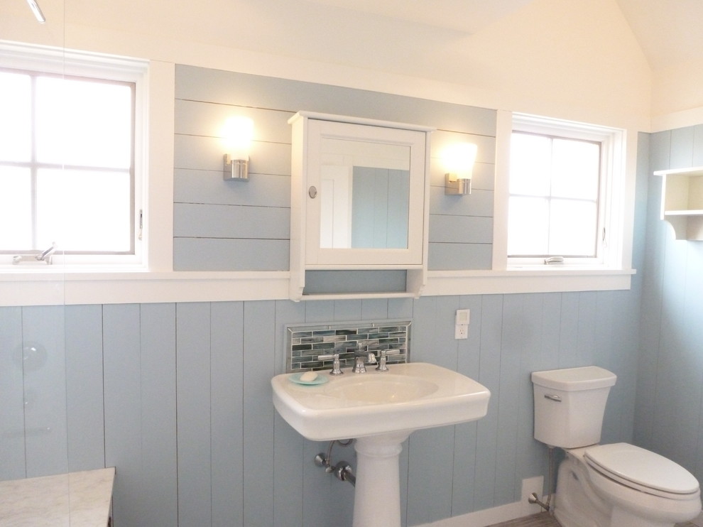 Bathroom Design Light Appealing Bathroom Design Paired With Light Blue Wood Panel Equipped With Washstand Under Mirror Plus Closet  Decoration  Stylish Personalized Wood Panels In Your Room Designs 