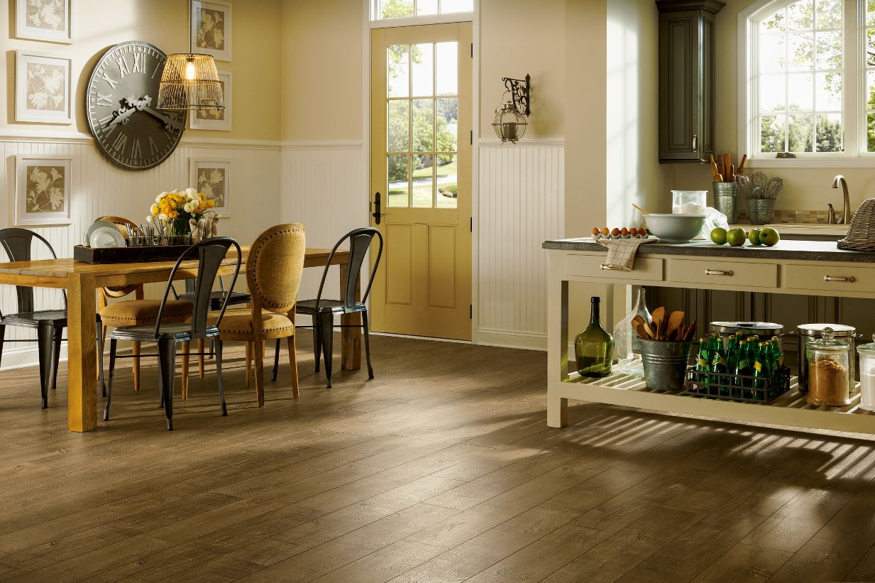 Best Laminate Applied Appealing Best Laminate Flooring Tile Applied In Traditional Dining Room Furnished With Wooden Dining Table And Chairs Completed With Pendant Lighting Interior Design Best Laminate Flooring For Your House