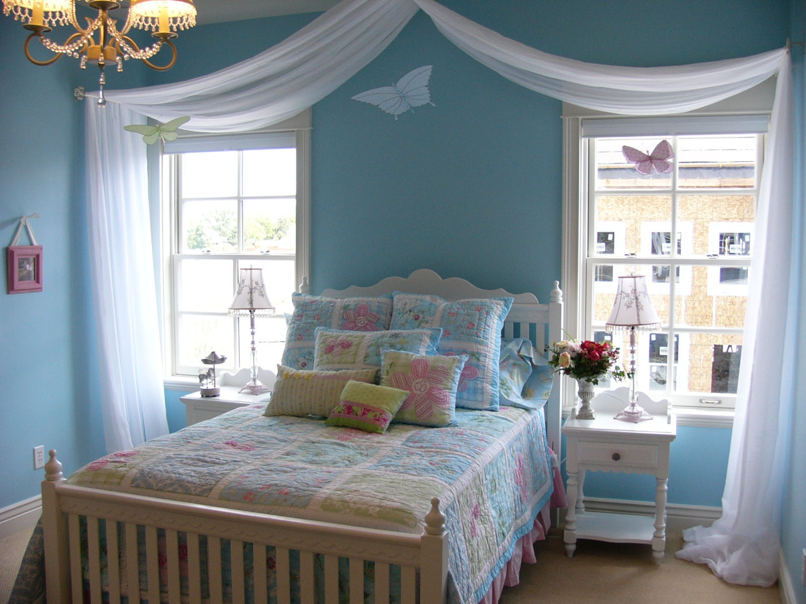 Blue Accent For Appealing Blue Accent Wall Color For Girls Bedroom Ideas Combined With White Room Curtains Furnished With Bed Between Twin Nightstands And Completed By Night Lamps Girls Bedroom Ideas: The Orchid Touch