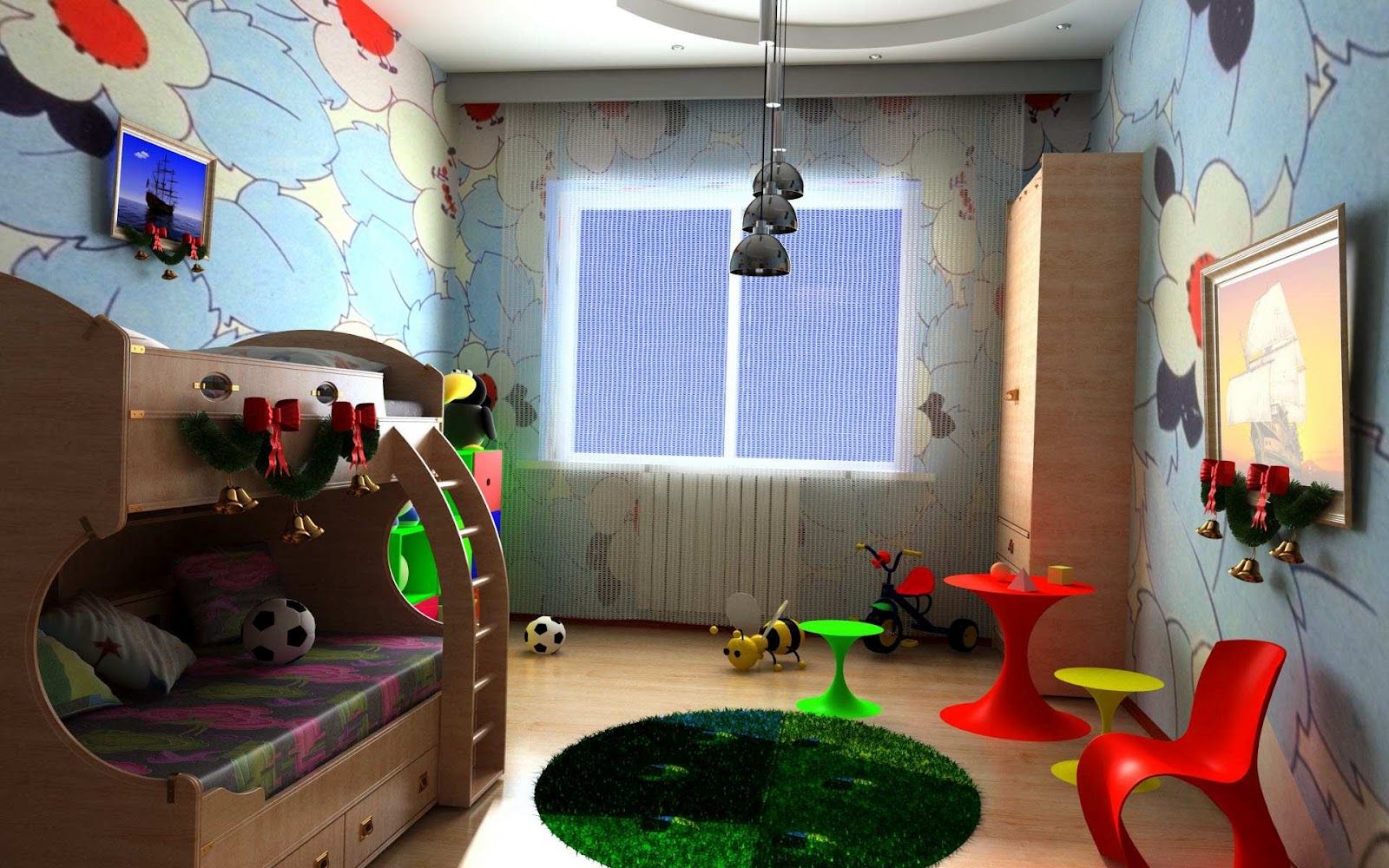 Contemporary Kid With Appealing Contemporary Kid Room Ideas With Bunk Bed On Wooden Platform Drawers Completed With Christmas Decorations And Furnished With Colorful Unique Tables Plus Red Chair And Rug Kids Room 15 Trendy Kids Room Ideas For The Bold Modern Home