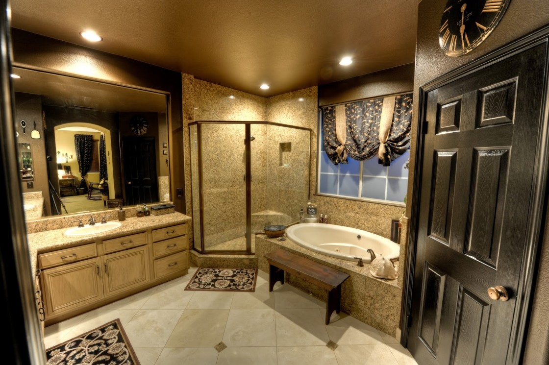 Contemporary Master Applying Appealing Contemporary Master Bathroom Ideas Applying Ceramics Flooring Furnished With Vanity Drawers Also Large Mirror And Completed With Clear Glass Shower Room Coupled With White Bathtub Bathroom Master Bathroom Ideas: Choosing The Ceramic