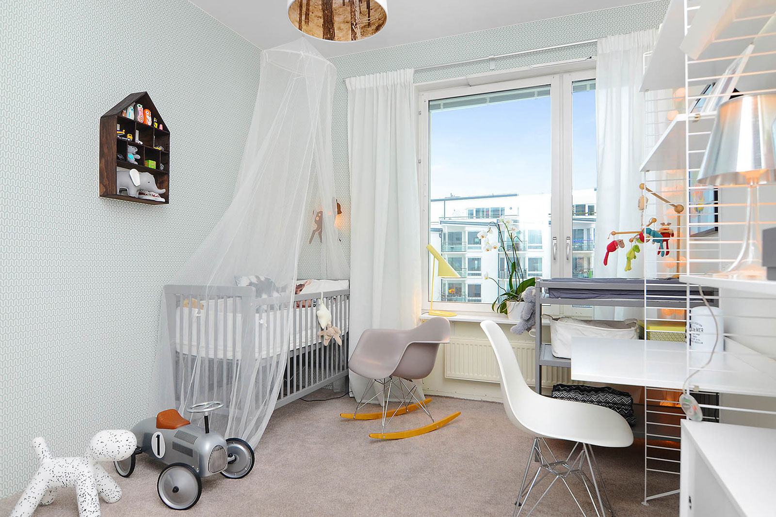 Kids Bedroom Cribs Appealing Kids Bedroom With Grey Cribs Equipped By Transparent Kids Room Curtains Furnished With Rocking Chair And Furnished With White Desk Also Chair Decoration The Better Appearance Through The Kids Room Curtains