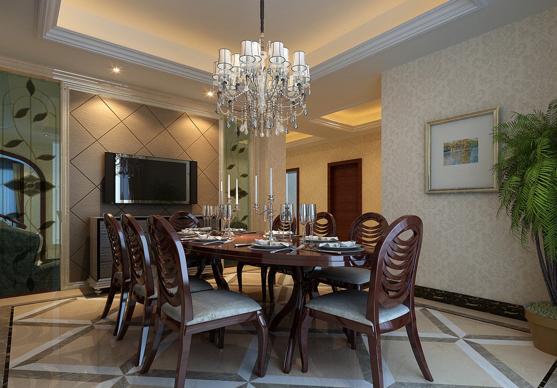 Modern Dining Wooden Appealing Modern Dining Room With Wooden Sleek Table And Chairs Completed By Table Decorations And Dining Room Chandeliers Also Furnished With Wall Flat Screen TV Dining Room The Beauty Dining Room Chandeliers