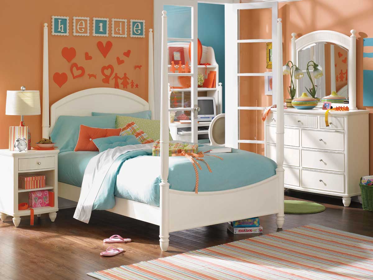Orange Wall For Appealing Orange Wall Color Applied For Cute Bedroom Ideas Furnished With Blue Bed On White Platform Completed With Drawers And Night Lamp On Nightstand Bedroom Cute Bedroom Ideas For Enhancing House Interior