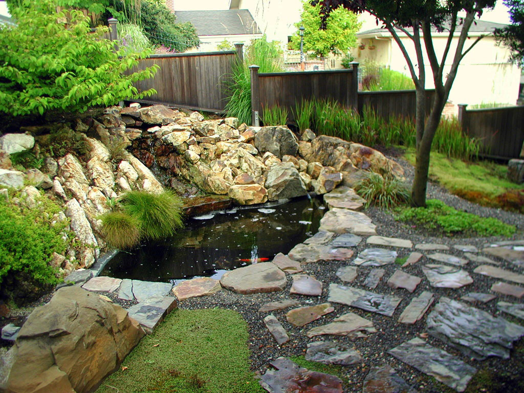 Path Design Mini Appealing Path Design Also Pretty Mini Garden Pond With Large Rock Surround Also Waterfall And Decorative Fence Decoration Wonderful Garden Pond Ideas With Koi Fish
