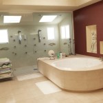 Whirlpool Bathtub Of Appealing Whirlpool Bathtub In White Of Modern Bathroom Furnished With Candle Holders And Bathroom Fixtures On Side And Completed With Shower Room With Double Shower Head Bathroom Decorating Bathroom With Bathroom Fixtures