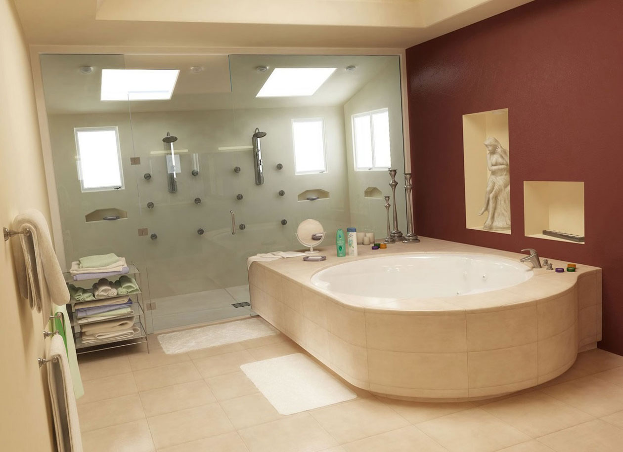 Whirlpool Bathtub Of Appealing Whirlpool Bathtub In White Of Modern Bathroom Furnished With Candle Holders And Bathroom Fixtures On Side And Completed With Shower Room With Double Shower Head Bathroom Decorating Bathroom With Bathroom Fixtures