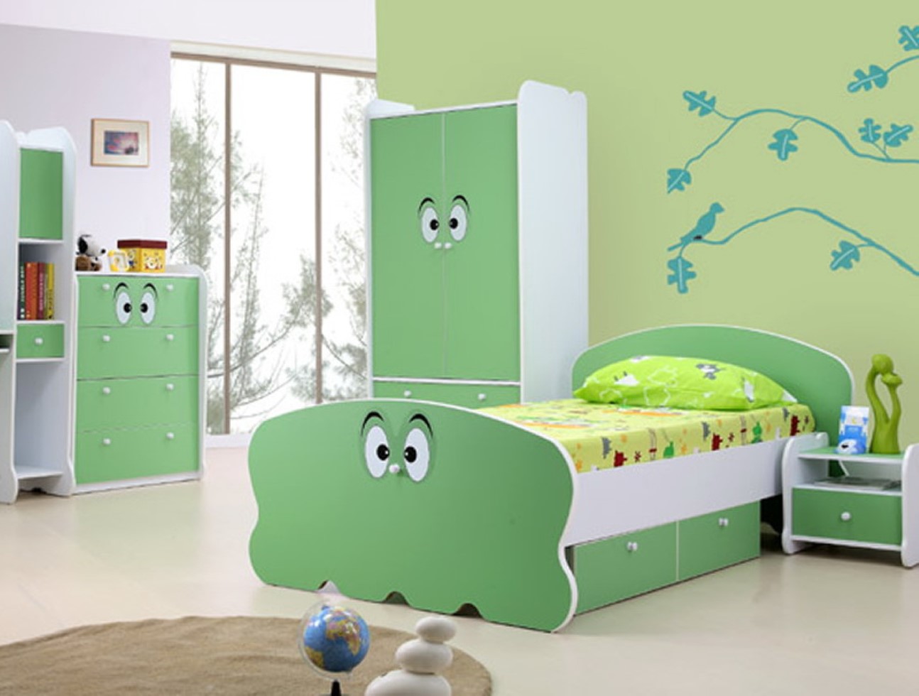 Green White For Astonishing Green White Furniture Style For Trendy Kids Bedroom Design With Tree Wall Decal Bedroom Kids Bedroom Ideas Added With Functional Furniture And Cute Decor