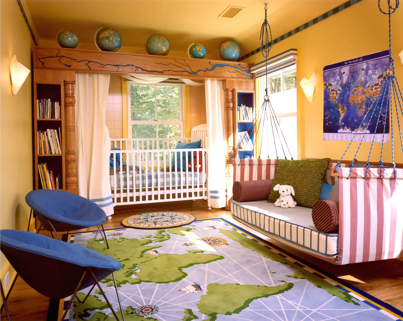 Kid Room Hanging Astonishing Kid Room Ideas With Hanging Single Bed And Blue Chairs Furnished With Rug In Map Design Also Completed With White Cribs Combined With Cupboards Kids Room 15 Trendy Kids Room Ideas For The Bold Modern Home