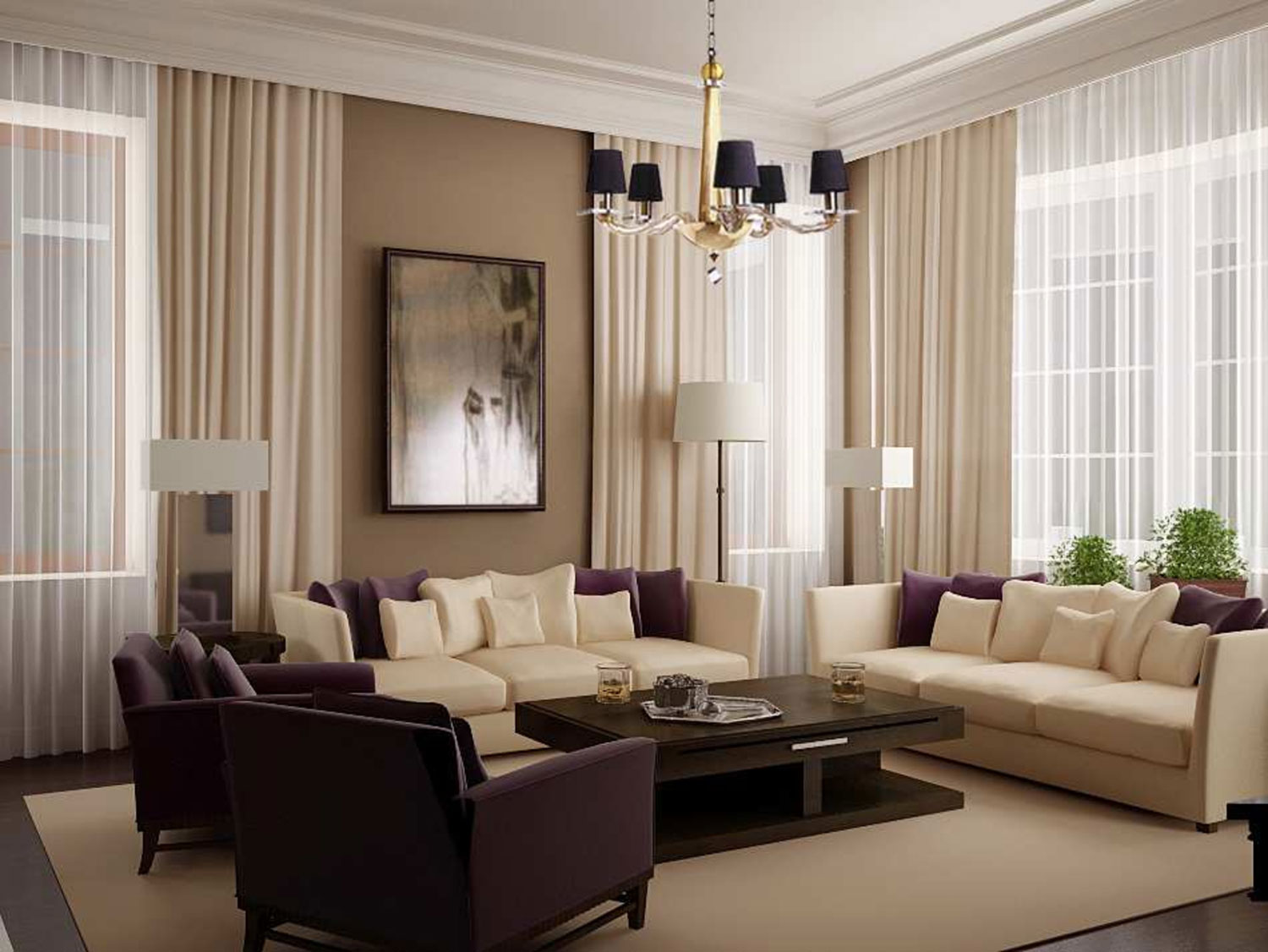 Minimalist Living White Astonishing Minimalist Living Room With White Living Room Curtains And Chandelier Furnished With Double White Sofas Completed With Purple Chairs And Dark Brown Table Living Room Awesome Living Room Curtains Designs
