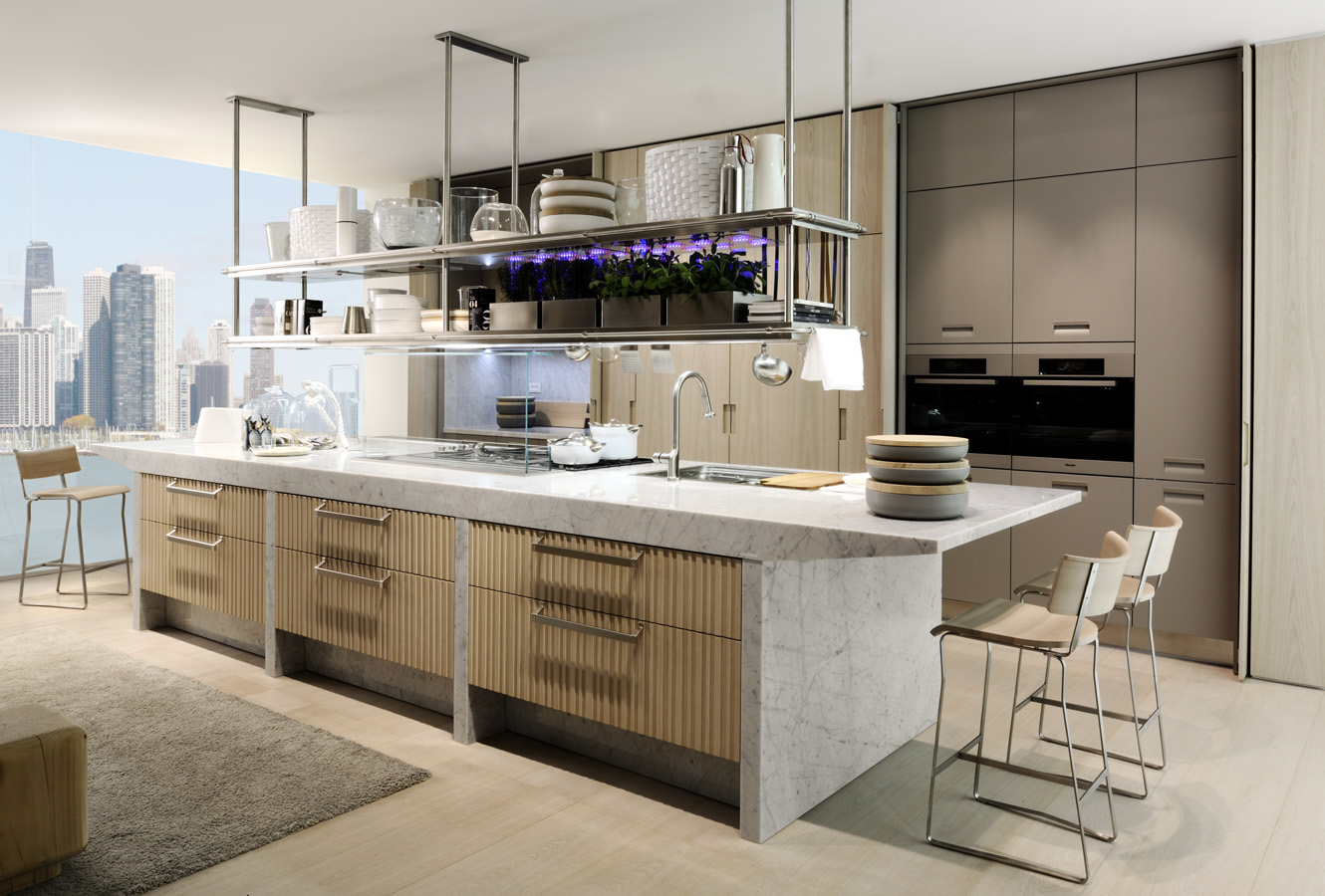 White Kitchen Island Astonishing White Kitchen Design With Island Marble Made Completed With Sink And Range Plus Furnished With High Chairs And Hanging Pot Rack Kitchen Kitchen Designs With Islands: Modern Kitchen Setting