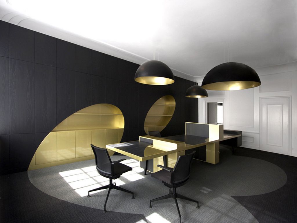 Black And Interior Astounding Black And Gold Office Interior Design Furnished With Desk Combined With Black Pedestal Chairs Plus Completed With Bowl Pendant Lamps Interior Design Trying To Make The Unique Office Interior Design