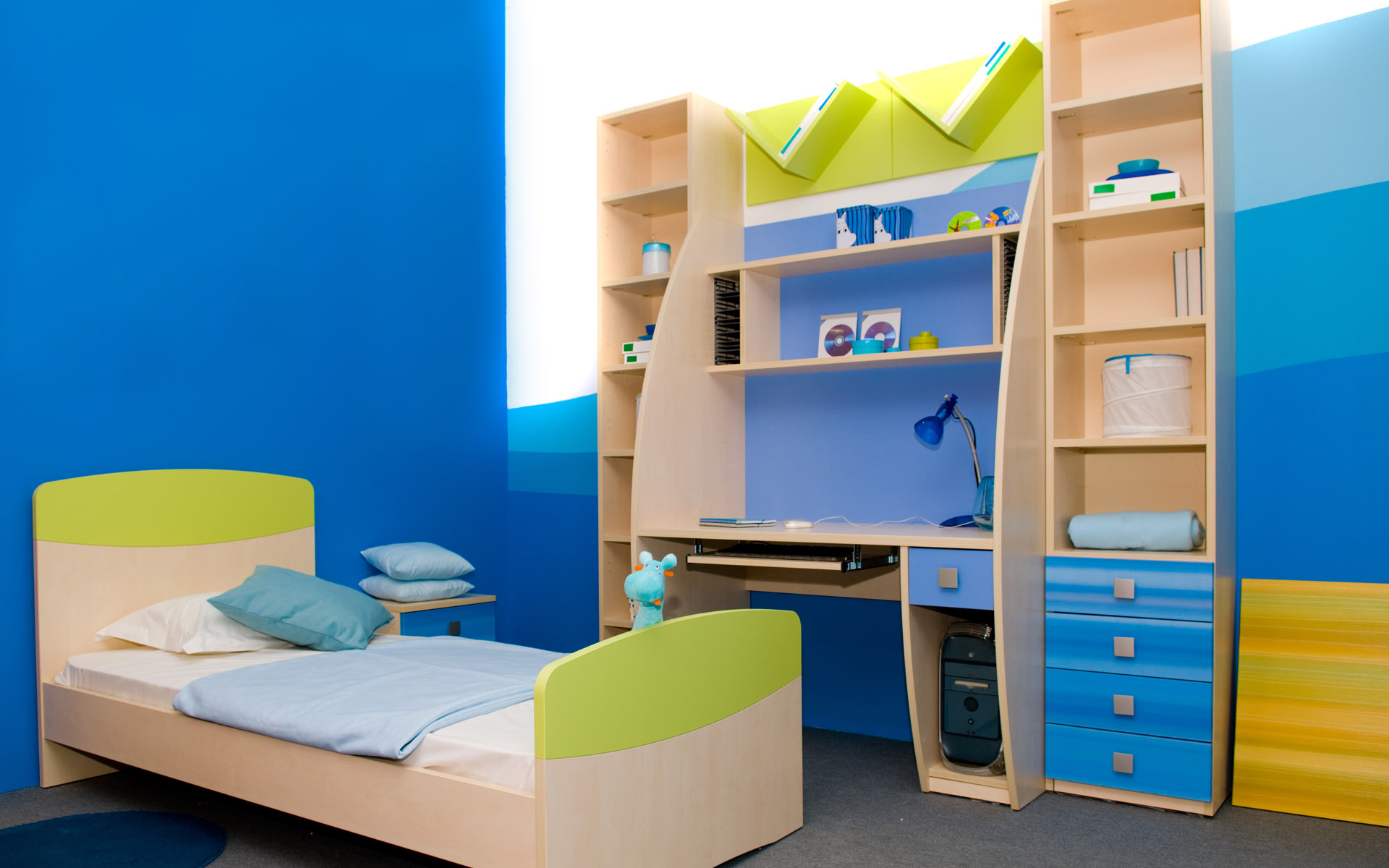 Blue And Wall Astounding Blue And White Accent Wall Color With Single Bed Completed With Nightstand And Desk Combined With Cabinet Plus Drawers Of Kids Room Storage Kids Room The Two Ideas For Making The Kids Room Storage