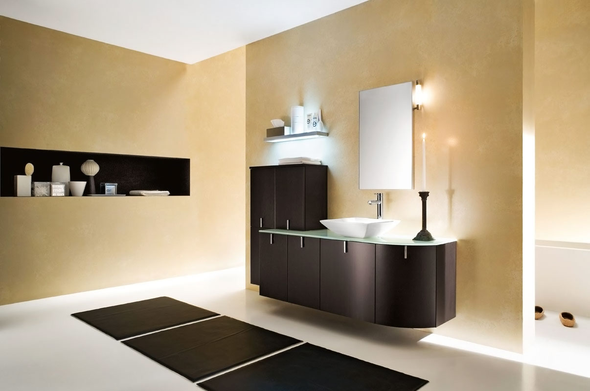 Interior Of With Astounding Interior Of Contemporary Bathroom With Bathroom Paint Ideas Completed With Dark Brown Cabinet And Vanity Furnished With Vessel Sink Also Mirror And Candle Holder Decoration Bathroom The Great Advantages Of Bathroom Paint Ideas