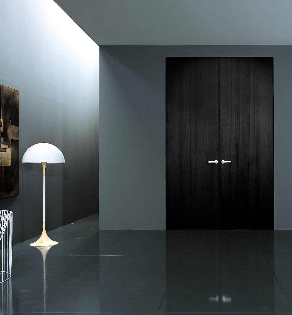 Modern Entrance Ceramics Astounding Modern Entrance Applying Sleek Ceramics Flooring Furnished With Black Interior Doors And Completed With Pedestal Flooring Stand Lighting In Mushroom Design Interior Design Black Interior Doors And Its Elegant Appearance