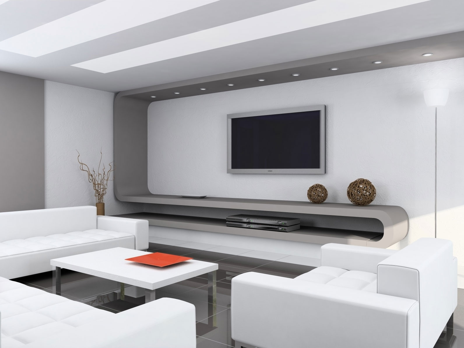 White Interior Living Astounding White Interior Of Modern Living Room Applying Grey Ceramics Flooring With Wall Flat Screen TV Furnished With Sofa And Chair Plus Square Table Living Room Modern Living Room Inspiration For Your Rich Home Decor