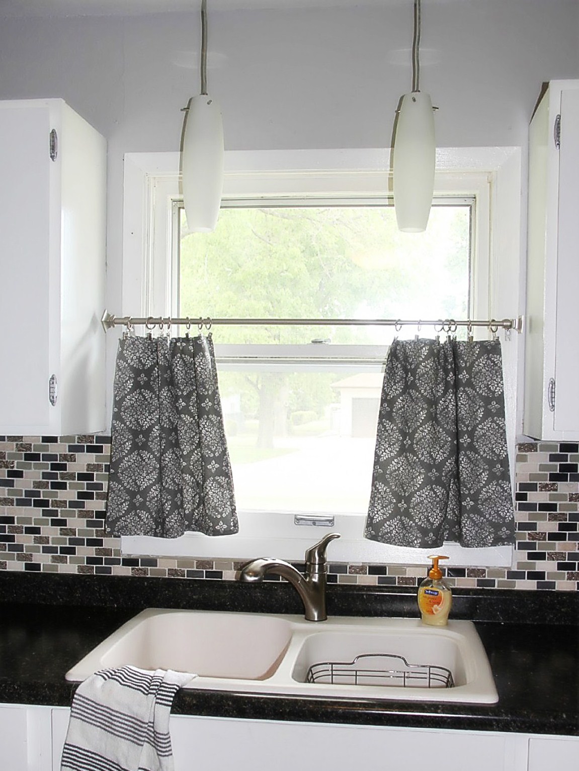 Pendant Lamps Paired Attractive Pendant Lamps Above Sink Paired With Black And White Floral Window Curtains Also Mosaic Kitchen Backsplash Tile Kitchen 20 Elegant And Beautiful Kitchens With Black And White Curtains