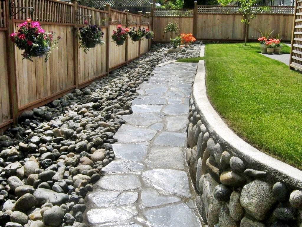 Backyard Concept River Awesome Backyard Concept With Beautiful River Rock Garden Ideas Plus Hanging Planters On The Wooden Panels Decoration Rock Garden Ideas Using Nature Exterior Accent