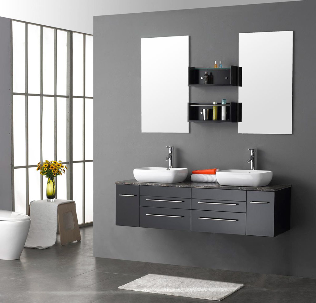 Bathroom Aplying Wall Awesome Bathroom Applying Grey Accent Wall Color Completed With Bathroom Wall Cabinets Between Mirrors And Furnished With Vanity Drawers Coupled By Double Sink Bathroom The Best Choice For Bathroom: Bathroom Wall Cabinets