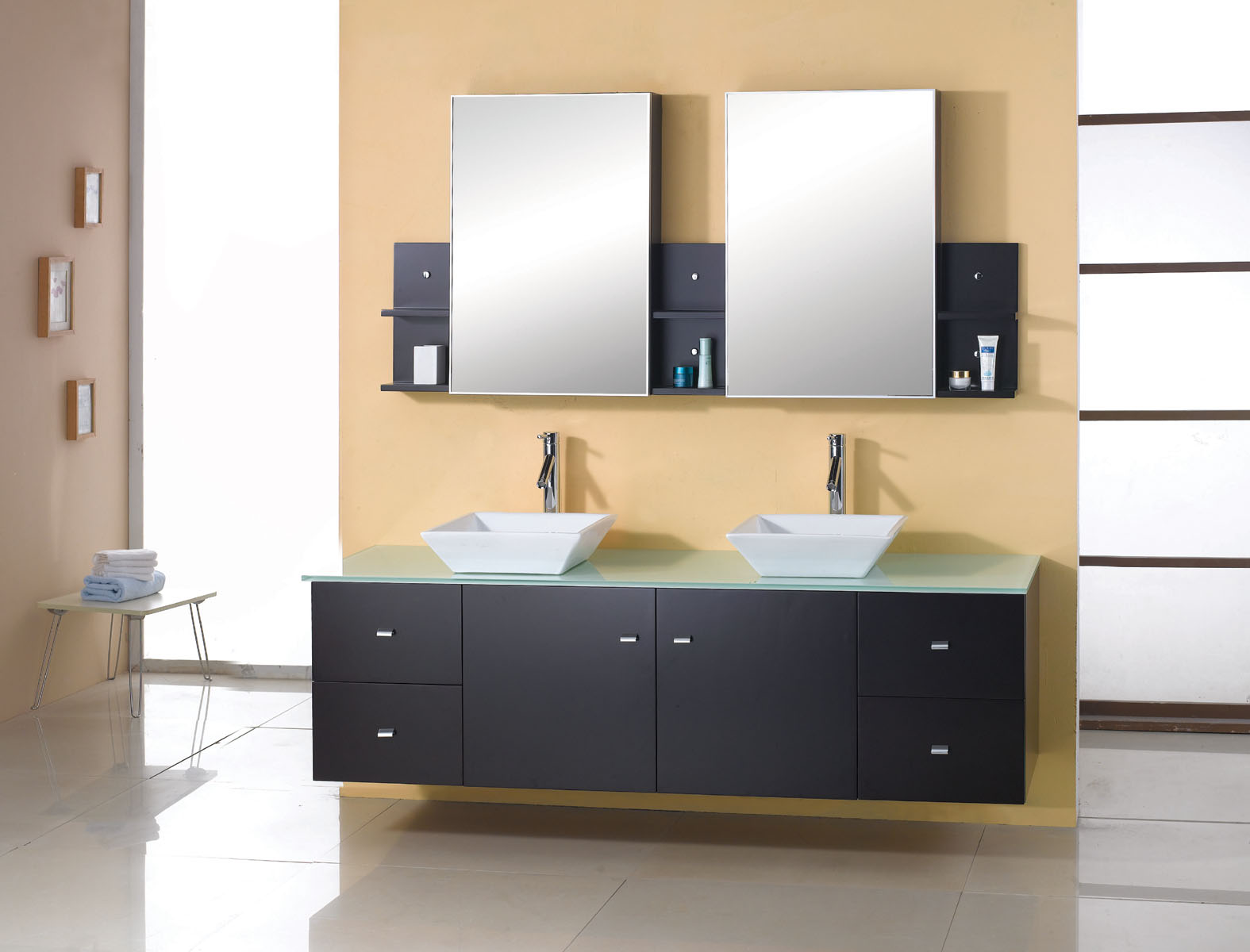Black Bathroom Set Awesome Black Bathroom Floating Vanity Set With Double Square Sinks Under Rectangular Mirrors Attached On Khaki Wall Paint Color Background Bathroom  Double Function From Double Sink Vanity 