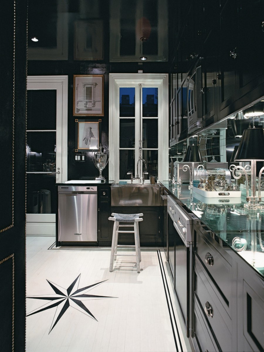 Black Kitchen Mirrored Awesome Black Kitchen Cabinets And Mirrored Countertop Idea Plus Stainless Steel Farmhouse Sink Feat Unique Floor Tile Design Kitchen  Black Kitchen Cabinet For Beautiful Kitchen 