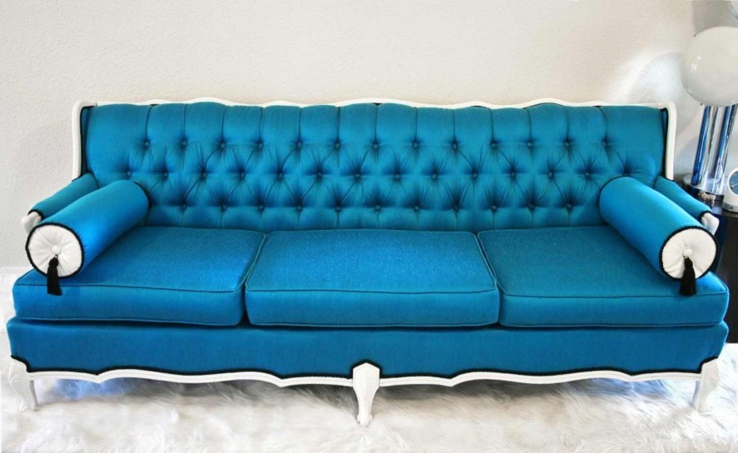 Blue Leather Tufted Awesome Blue Leather Sofa With Tufted Back Design And Twin Bolsters Idea Feat Plush White Fur Area Rug Furniture  Going Easy To Relax On A Blue Leather Sofa 