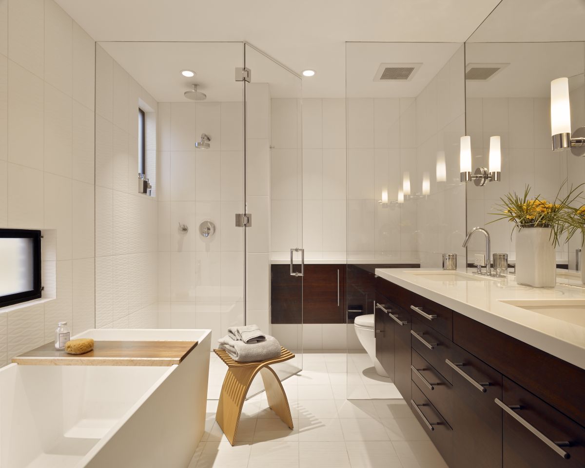 Interior Decorating Modern Awesome Interior Decorating Ideas Of Modern Bathroom With Clear Glass Room Divider Completed With Bathtub And Vanity Sink With Mirror Also Furnished With Wall Sconce Lighting Interior Design Interior Decorating Ideas In General Or Special Way
