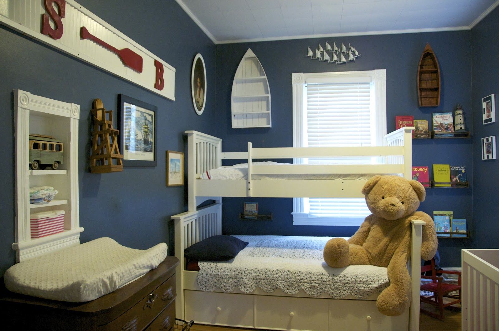 Kids Bedroom Applying Awesome Kids Bedroom For Boys Applying Blue Kids Room Paint Ideas In Ocean Design With Wall Decorations Furnished With White Twin Bunk Beds And Completed With Wall Cabinets Kids Room Colorful And Pattern Kids Room Paint Ideas