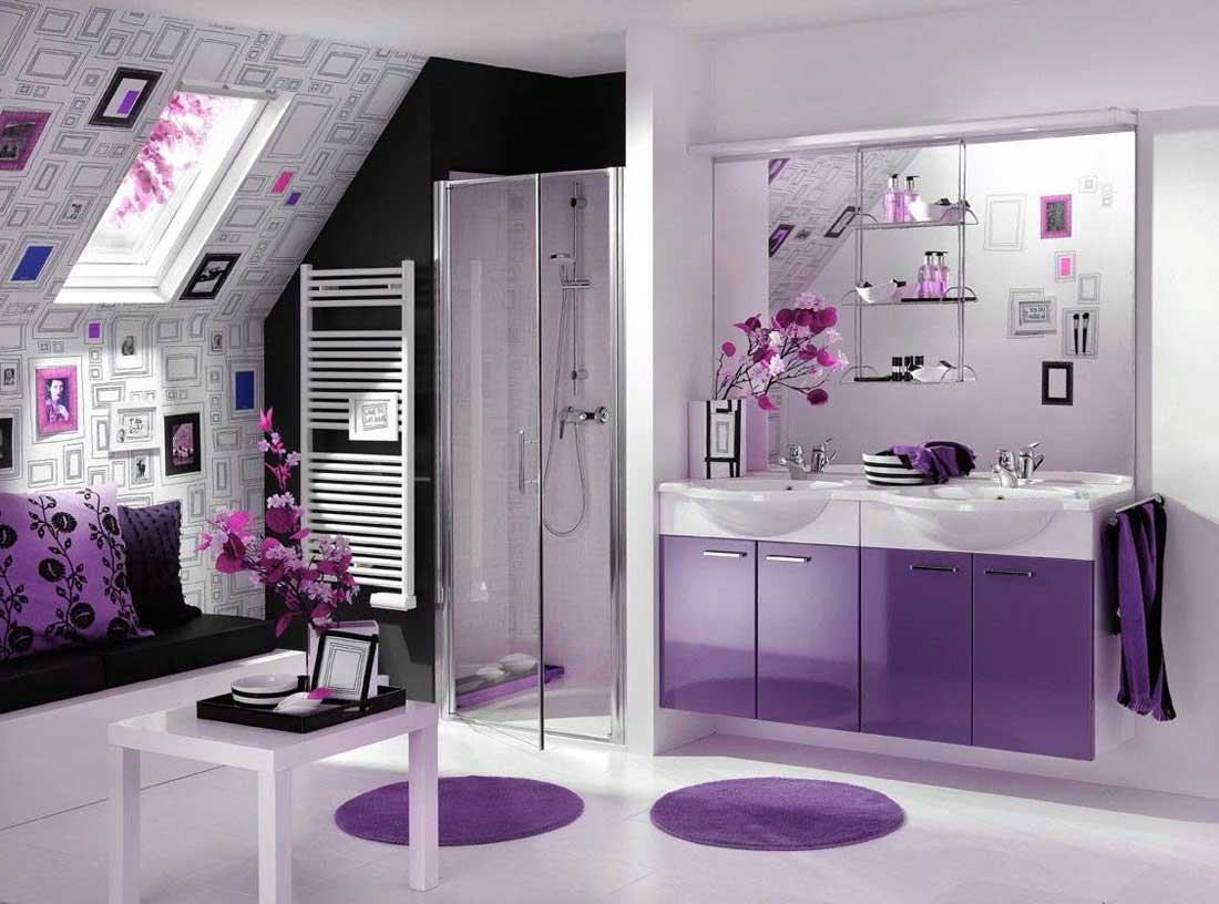 Master Bathroom With Awesome Master Bathroom Remodel Design With Modern Bathroom Colorful Purple Wall Decor Ideas Also Two Colorful Round Carpet Fur Rug Models With White Small Flooring Table Bathroom Bathroom The Most Effective Bathroom Remodel: Toilet And Floor